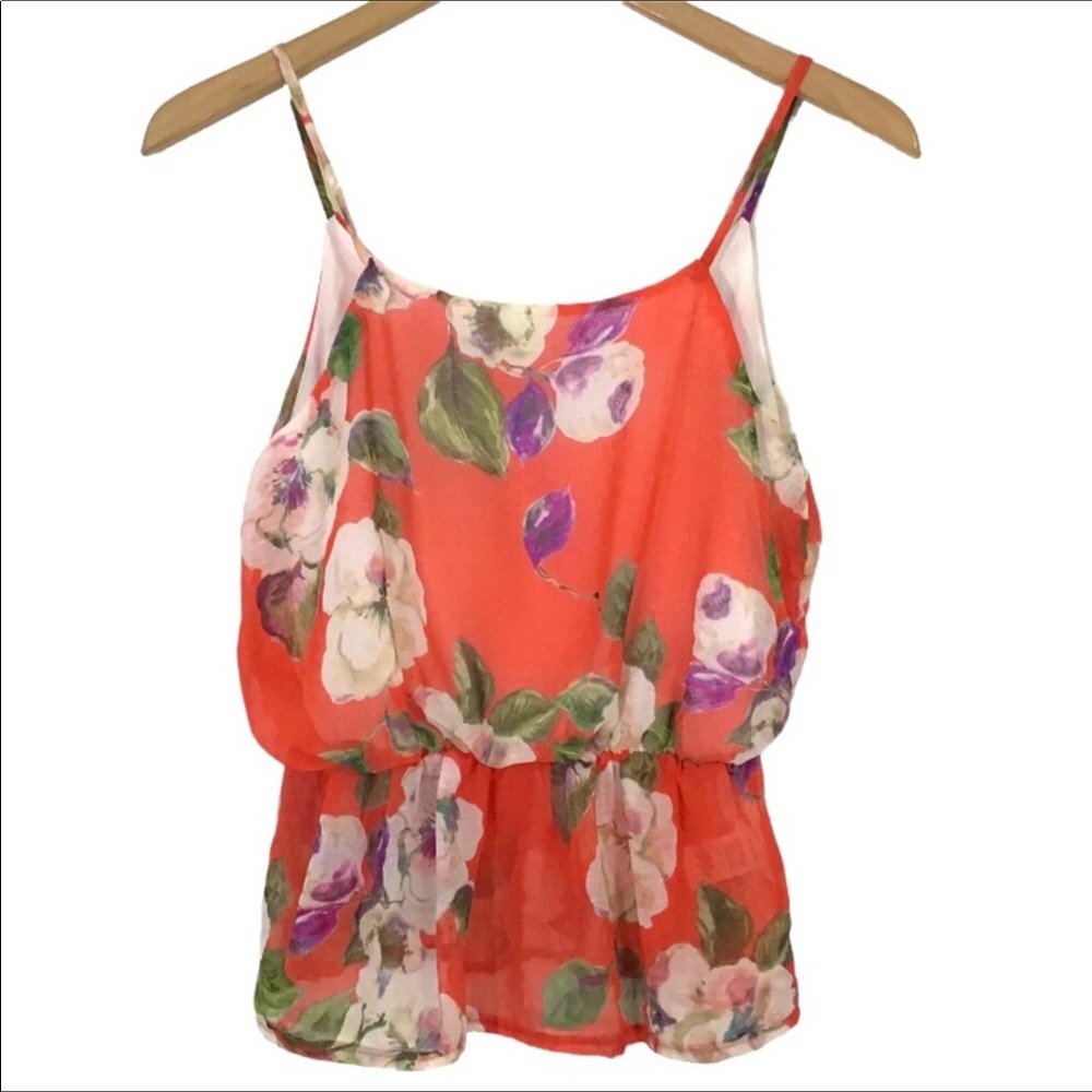 A3 Design Floral Peplum Top Size S Spaghetti Straps Coral Cami Tank Made In USA